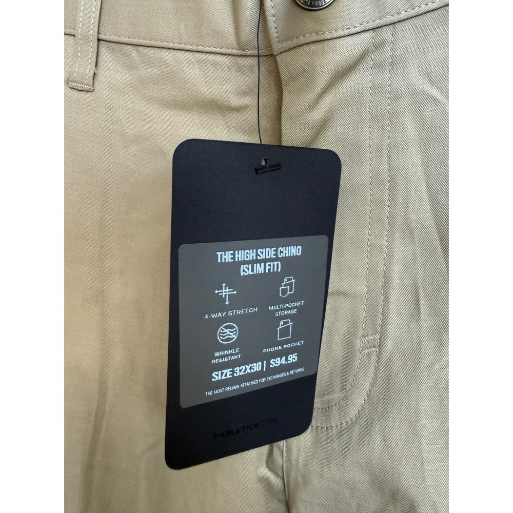 Fabletics Mens High‎ Side Chino Slim Fit Pants Khaki Tan 32x30 NWT Stretch Tech - Picture 3 of 6